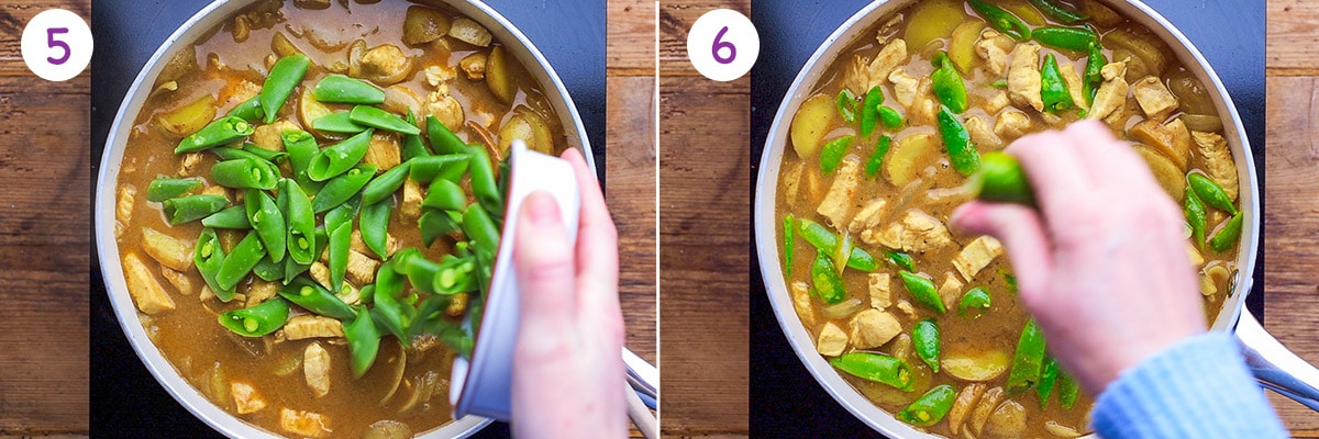 Two images showing how to make massaman curry steps 5 and 6.