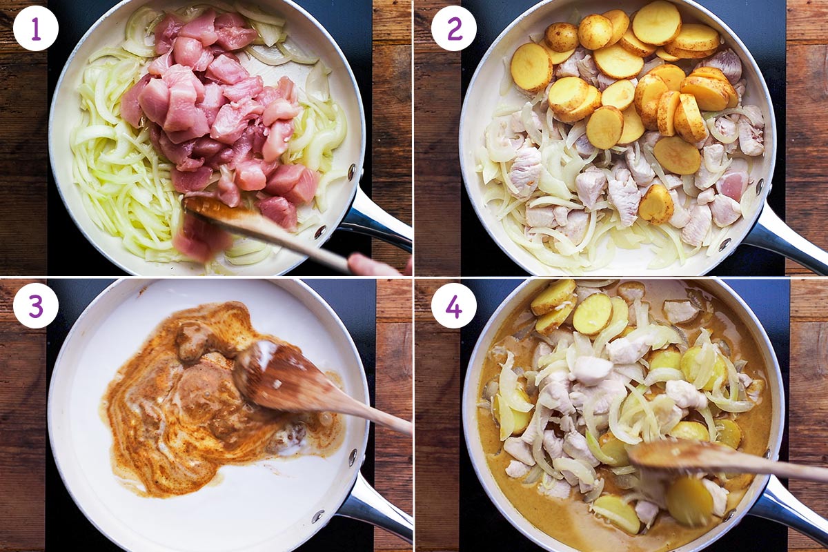 Four images showing how to make Thai chicken and potato curry steps 1-4.