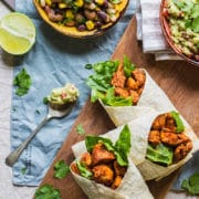 Healthy chicken wraps with homemade guacamole and mixed bean salad