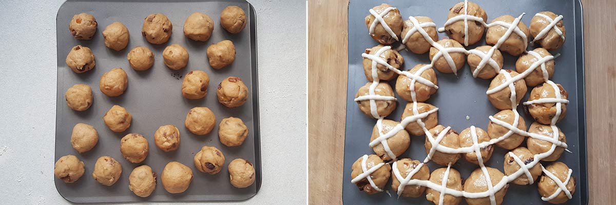 collage of 2 images showing how to arrange the dough balls and how to pipe on the crosses before baking