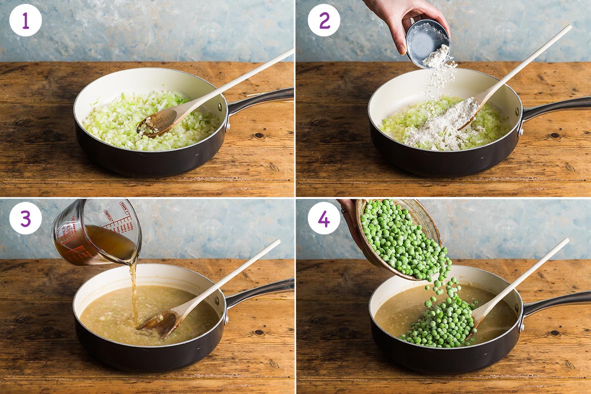 Four images showing how to make pea and ham soup for steps 1-4.