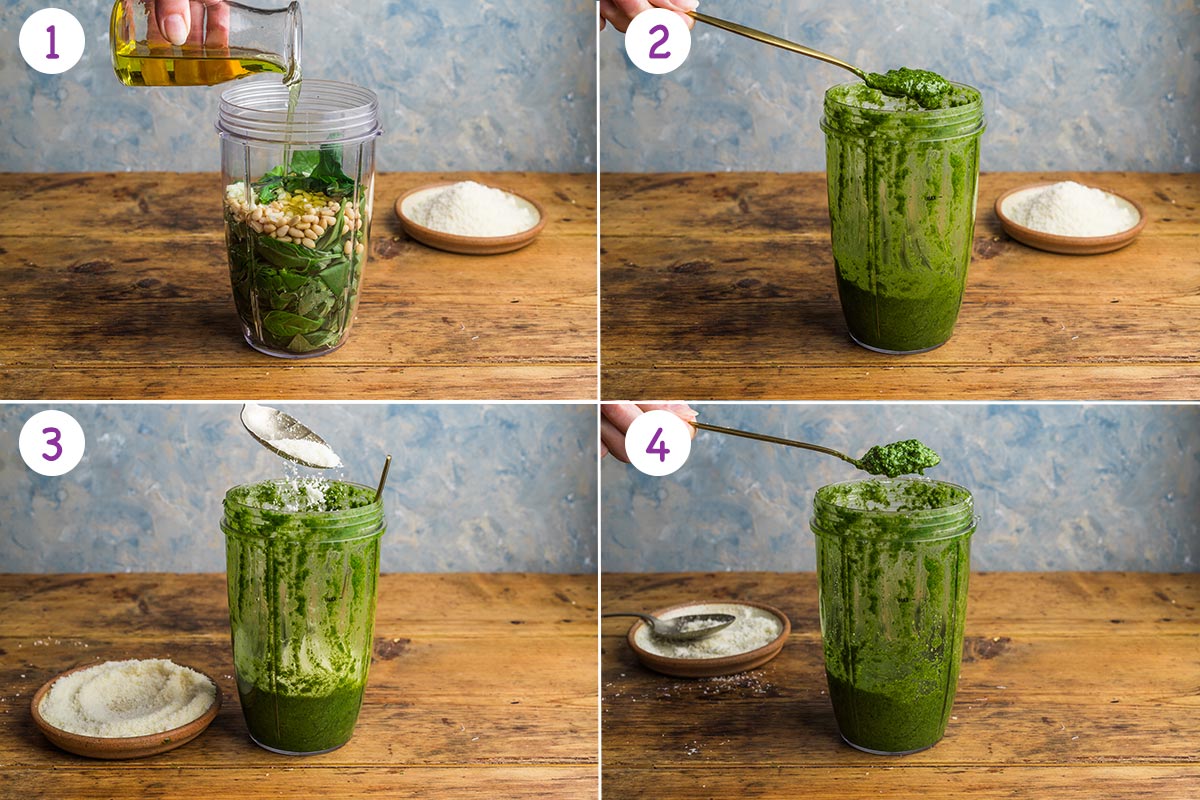 Step by step images of how to make homemade basil pesto