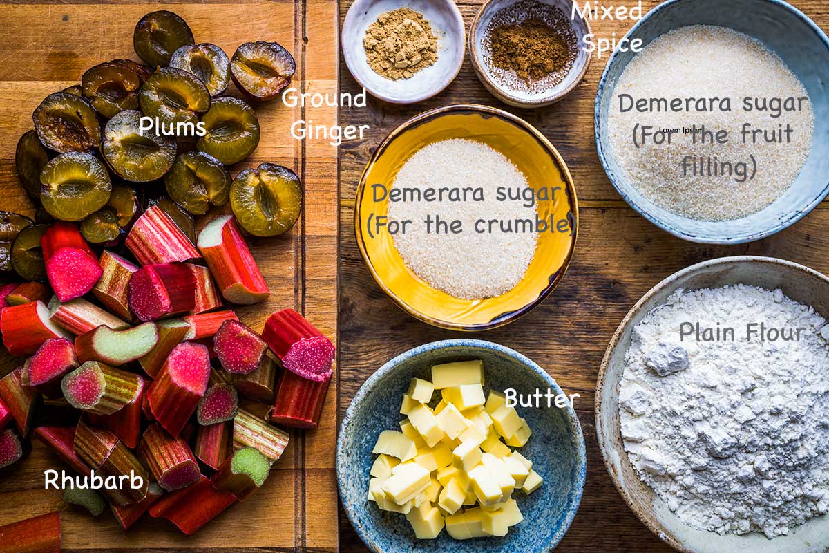 Ingredients for Plum and Rhubarb crumble