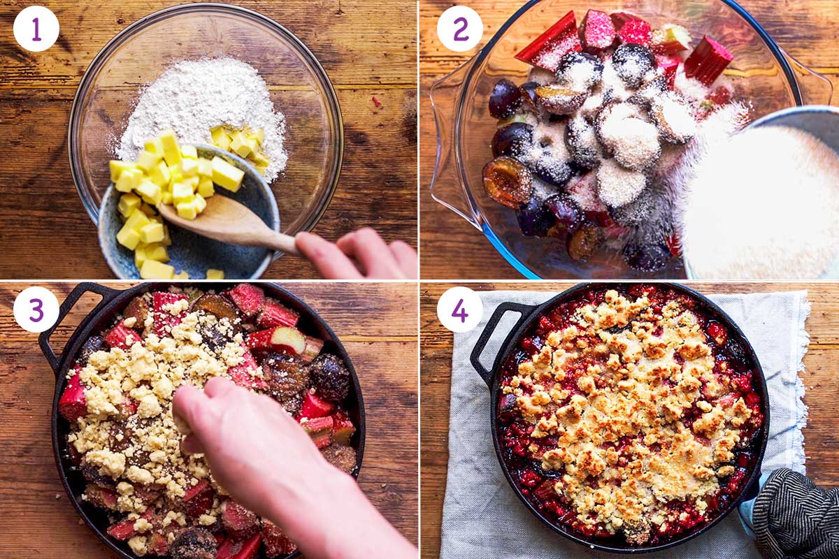 Four images showing how to make plum and rhubarb crumble for steps 1-4