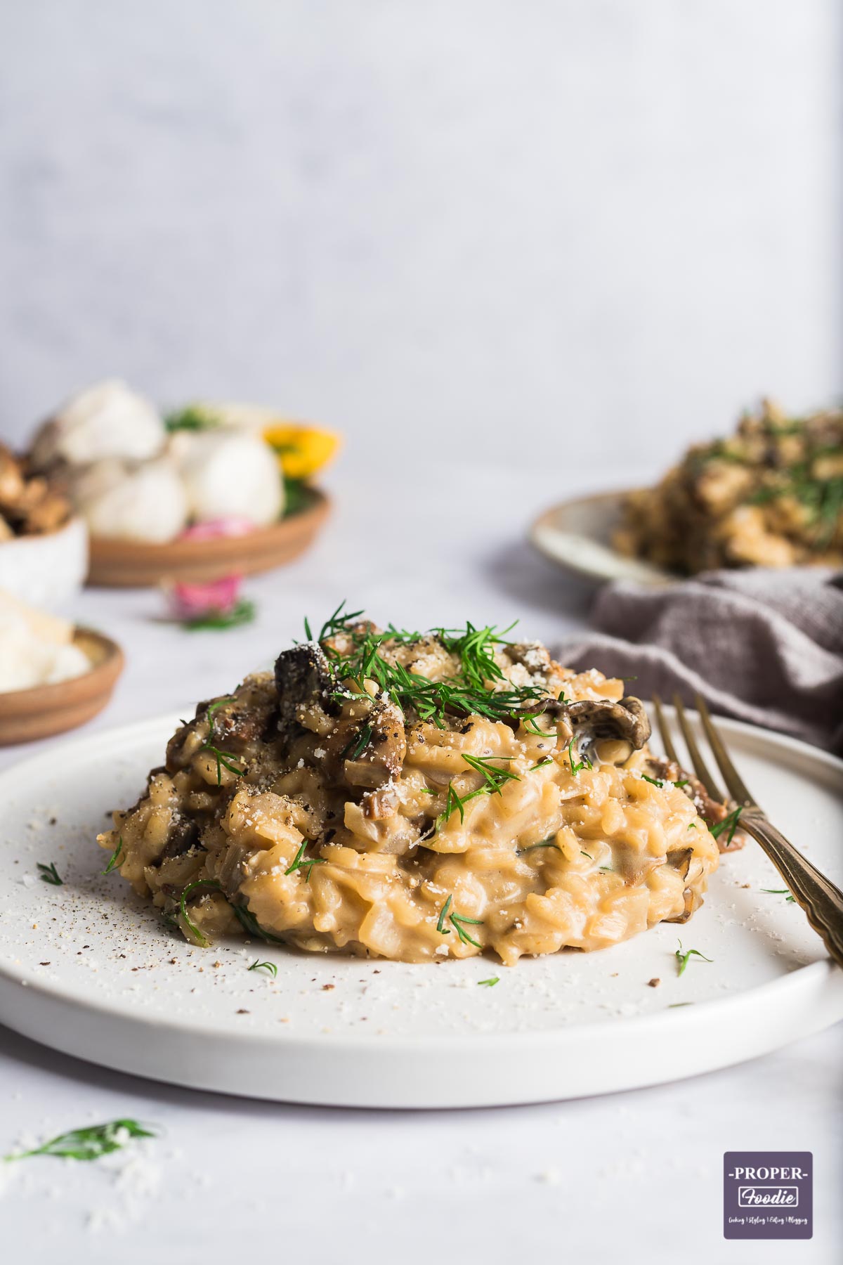 Porcini mushroom risotto on a small plate with fresh dill and parmesan.