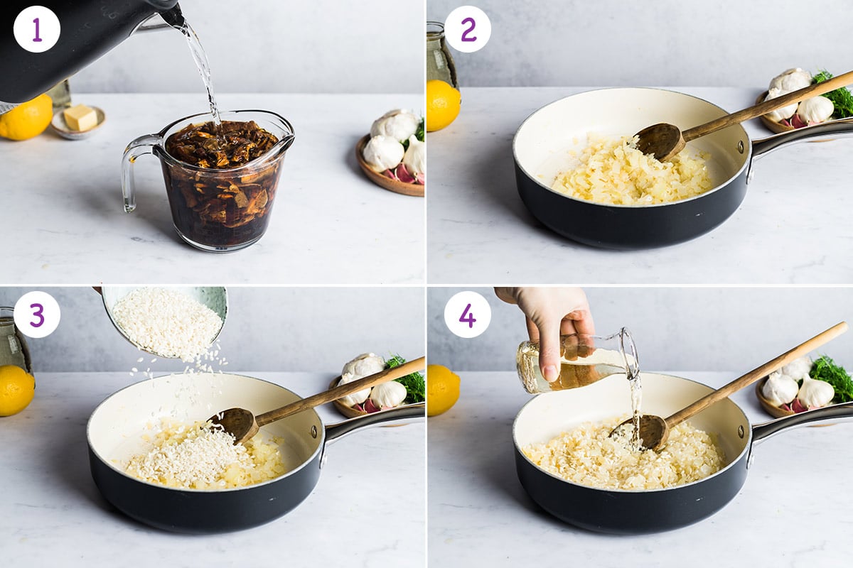 Four images showing how to make mushroom risotto for steps 1-4.