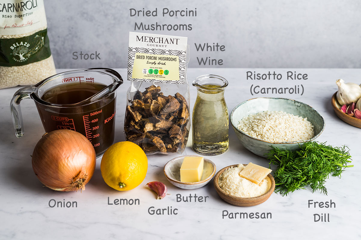 Ingredients for making mushroom risotto.