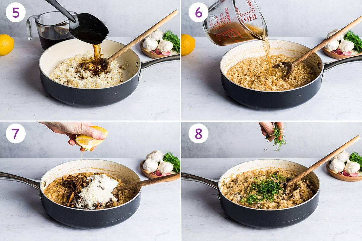 Four images showing how to make mushroom risotto for steps 5-8.