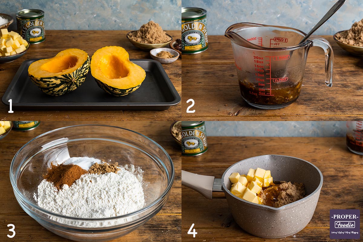 4 images showing steps 1-4 for making pumpkin muffins: 1. roast pumpkin, 2. soak dates, 3. mix dry ingredients, 4. melt butter, sugar and syrup.