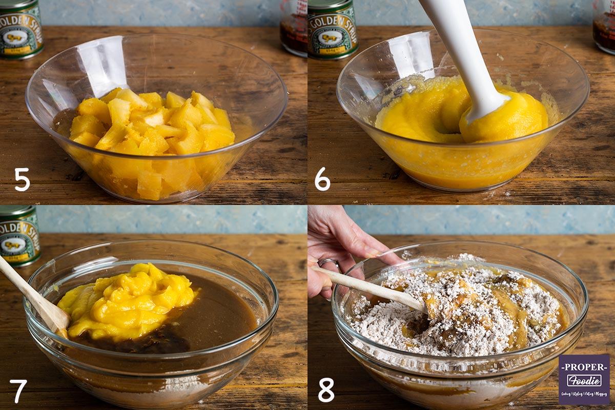 4 images showing steps 5-8 for making pumpkin muffins: 5. slice roasted pumpkin, 6. blend pumpkin, 7. add wet to dry ingredients, 8. mix