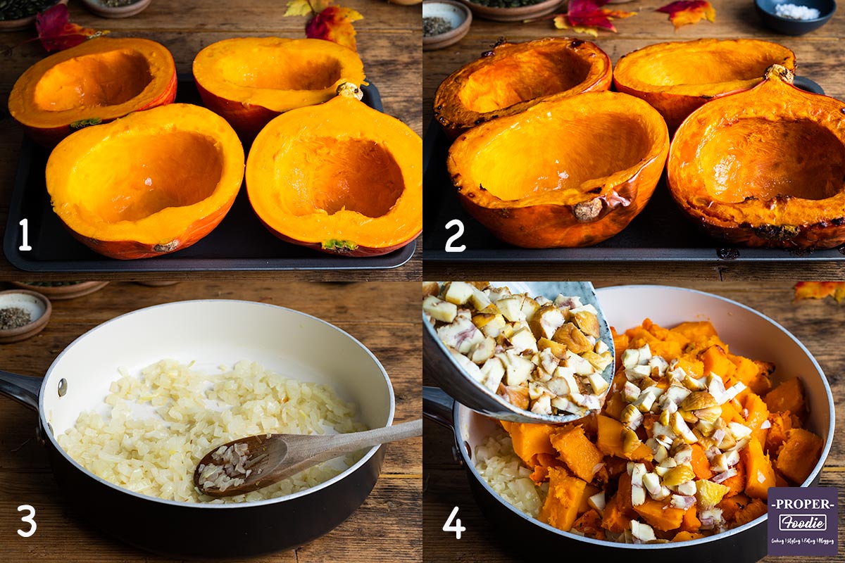 A collage of four step by step images of how to make the first part of the pumpkin soup recipe. 1. prepare pumpkin, 2. roast pumpkin, 3. fry onions, 4. add roast pumpkin and chopped chestnuts to onions.