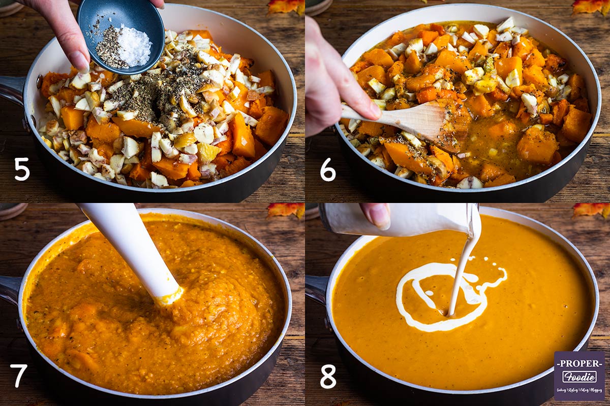 Second 4 step by step instruction images for making pumpkin soup: 5. add spices, 6. add stock, 7. blend, 8. add cream.