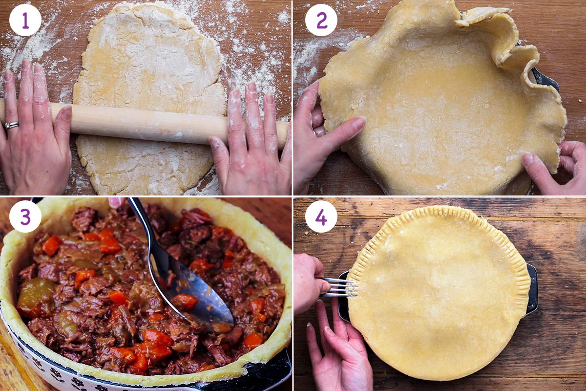 Four images showing how to put together steak pie steps 1-4.