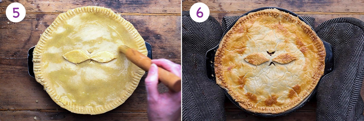 Two images showing the final steps of making a steak and ale pie.