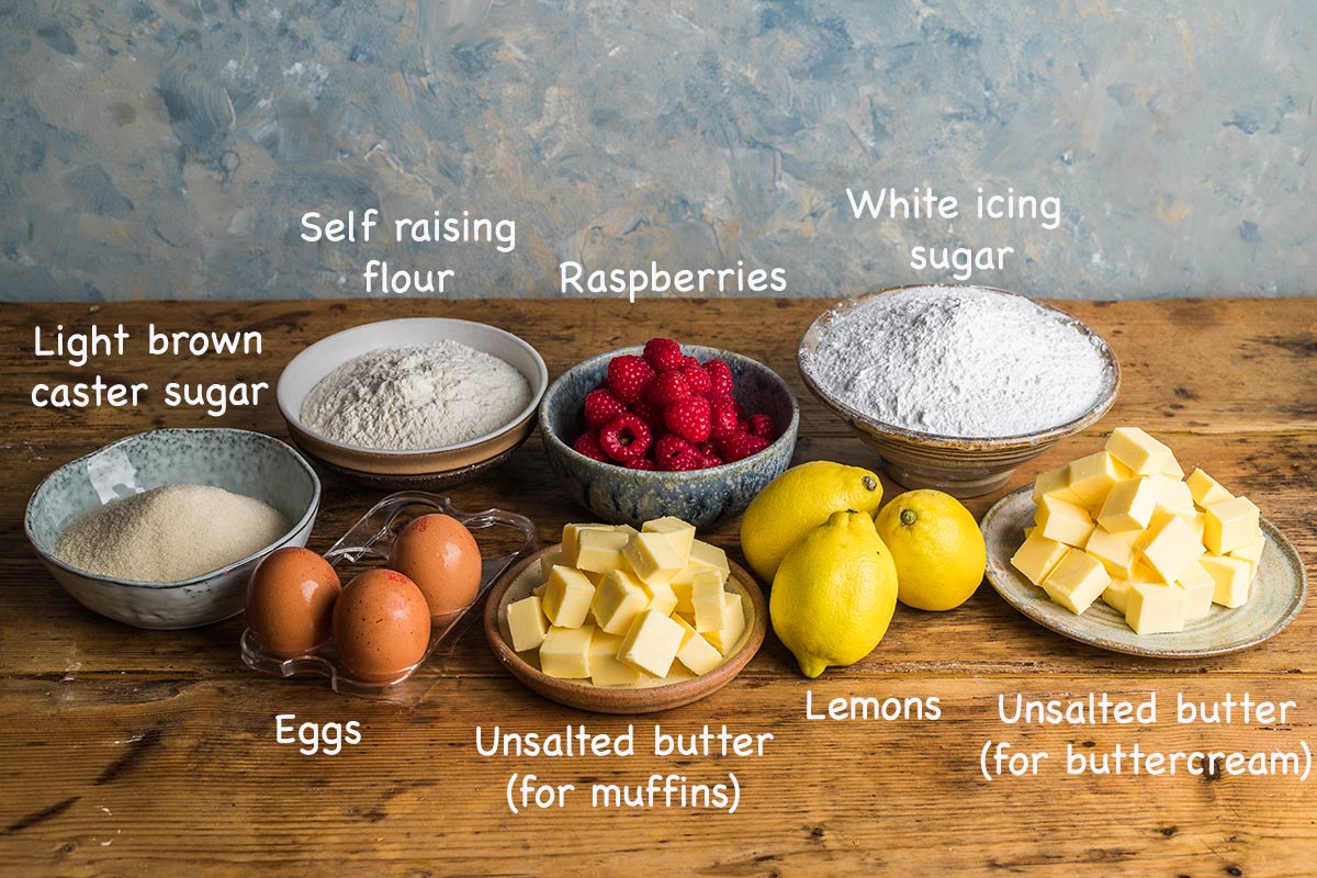 Ingredients for making raspberry muffins.