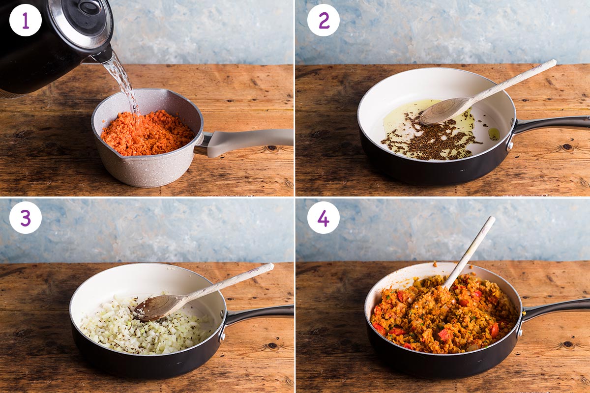 Four images showing how to make red lentil dahl step by step for steps 1-4.