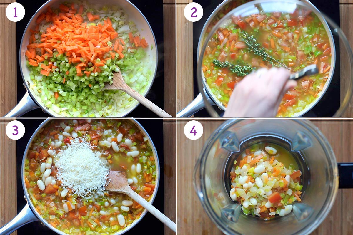 A collage of 4 images showing how to make White bean soup step by step for instructions 1-4.