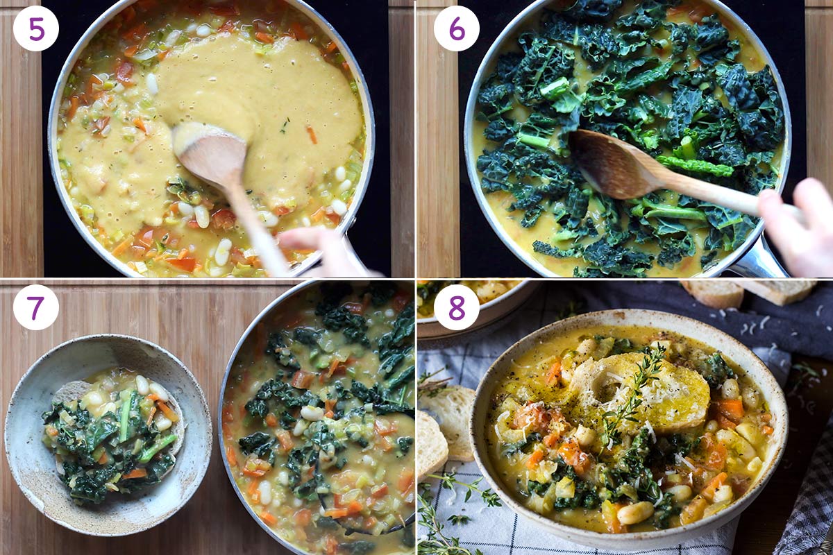 A collage of 4 images showing how to make white bean soup step by step for instructions 5-8.