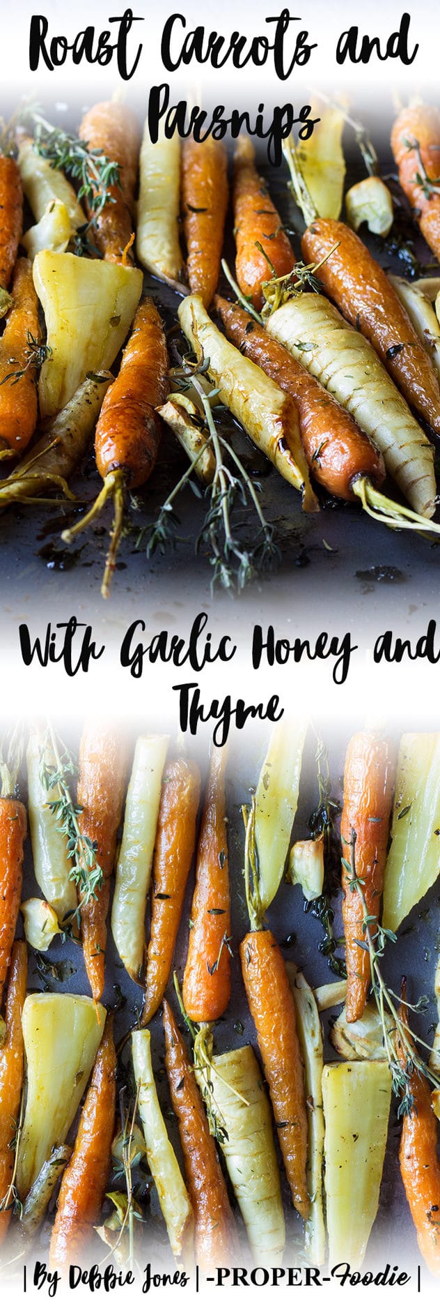 Honey glazed carrots and parsnip root vegetables with garlic and thyme