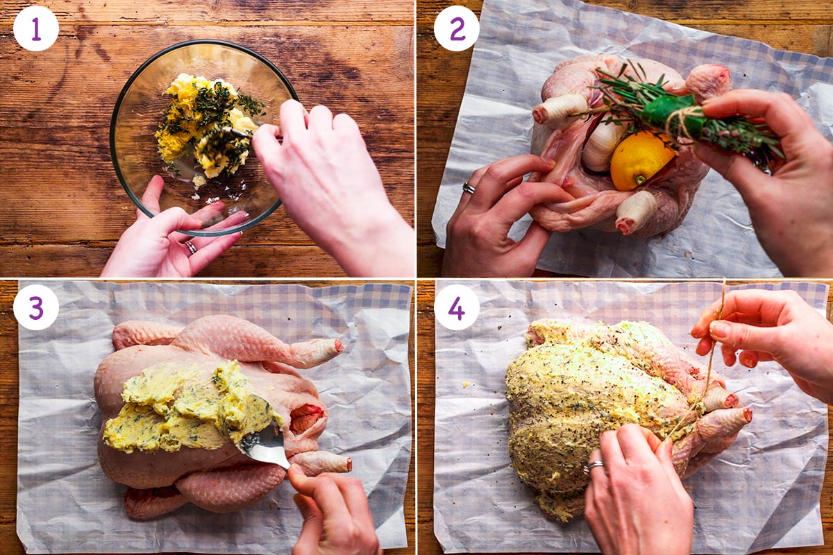 Four images showing how to cook a whole roast chicken steps 1-4.