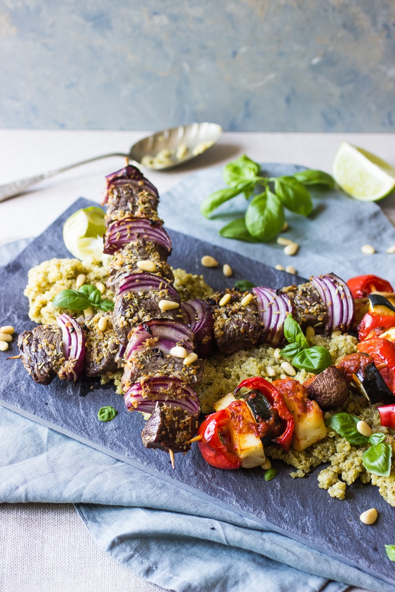 rump steak and red onion BBQ skewers with pesto quinoa