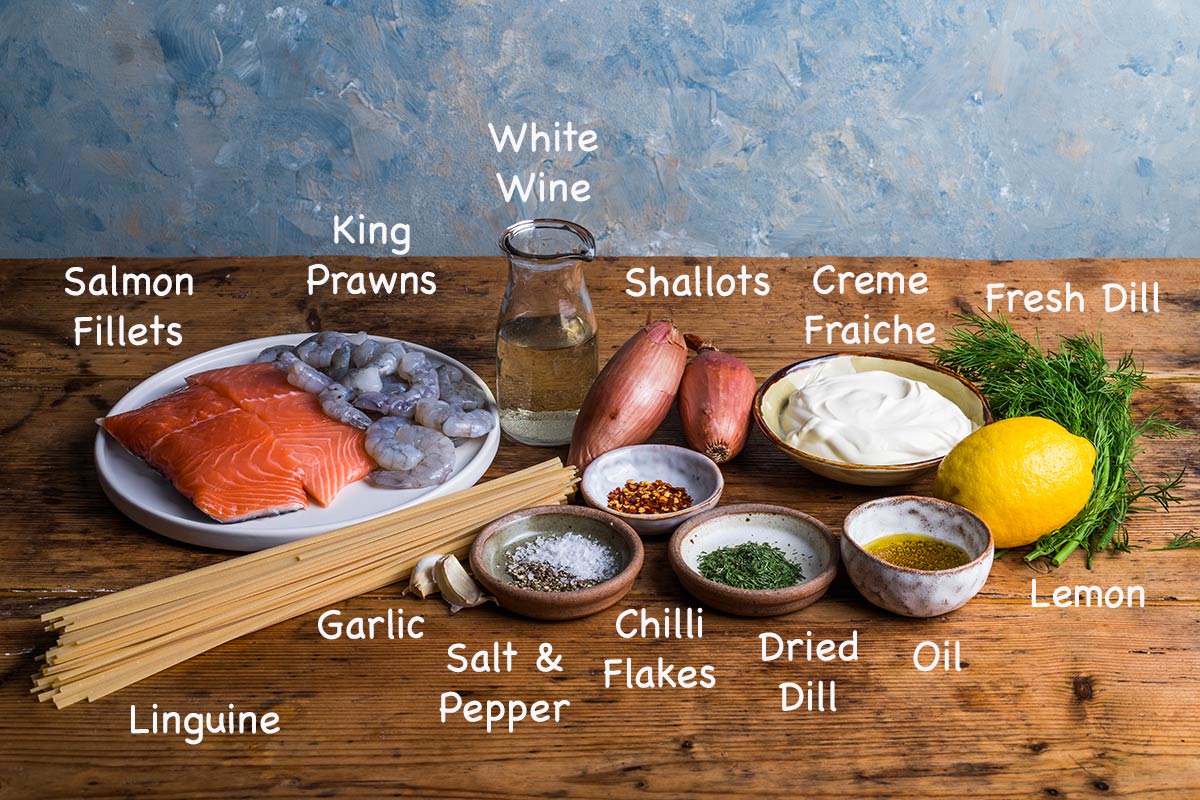 Ingredients needed to make salmon and prawn linguine.