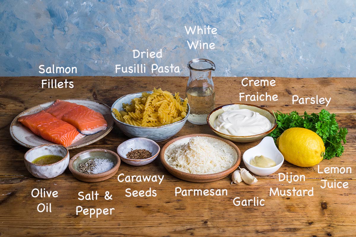 Ingredients needed to make salmon pasta recipe.