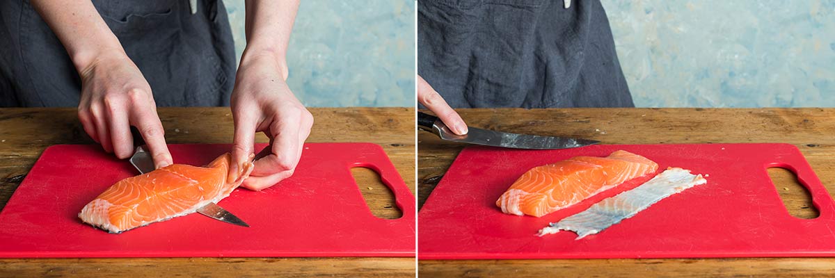 2 images showing how to remove the skin from a fillet of salmon