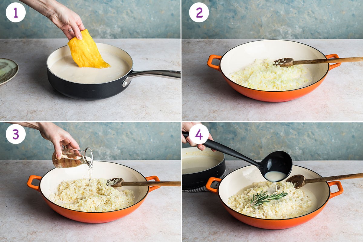 4 step by step images showing how to make smoked haddock risotto 1-4.