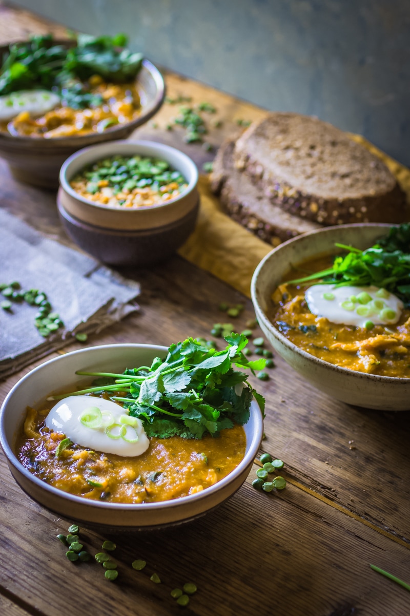 Spicy yellow split pea and chicken soup