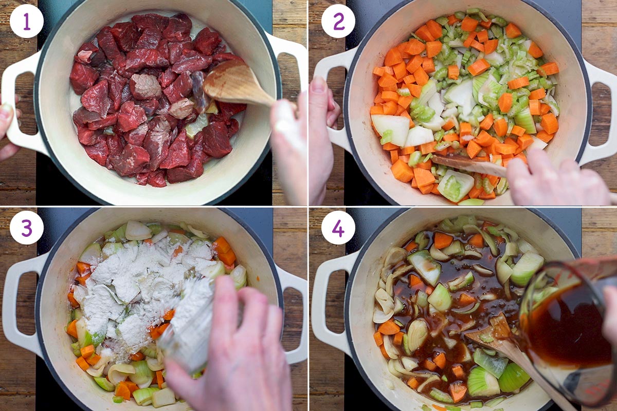 Four images showing how to make the filling for steak and ale pie for steps 1-4.