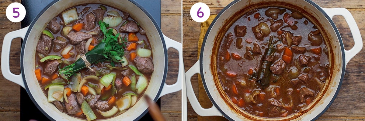 Two images showing how to make the filling for steak and ale pie for steps 5-6.