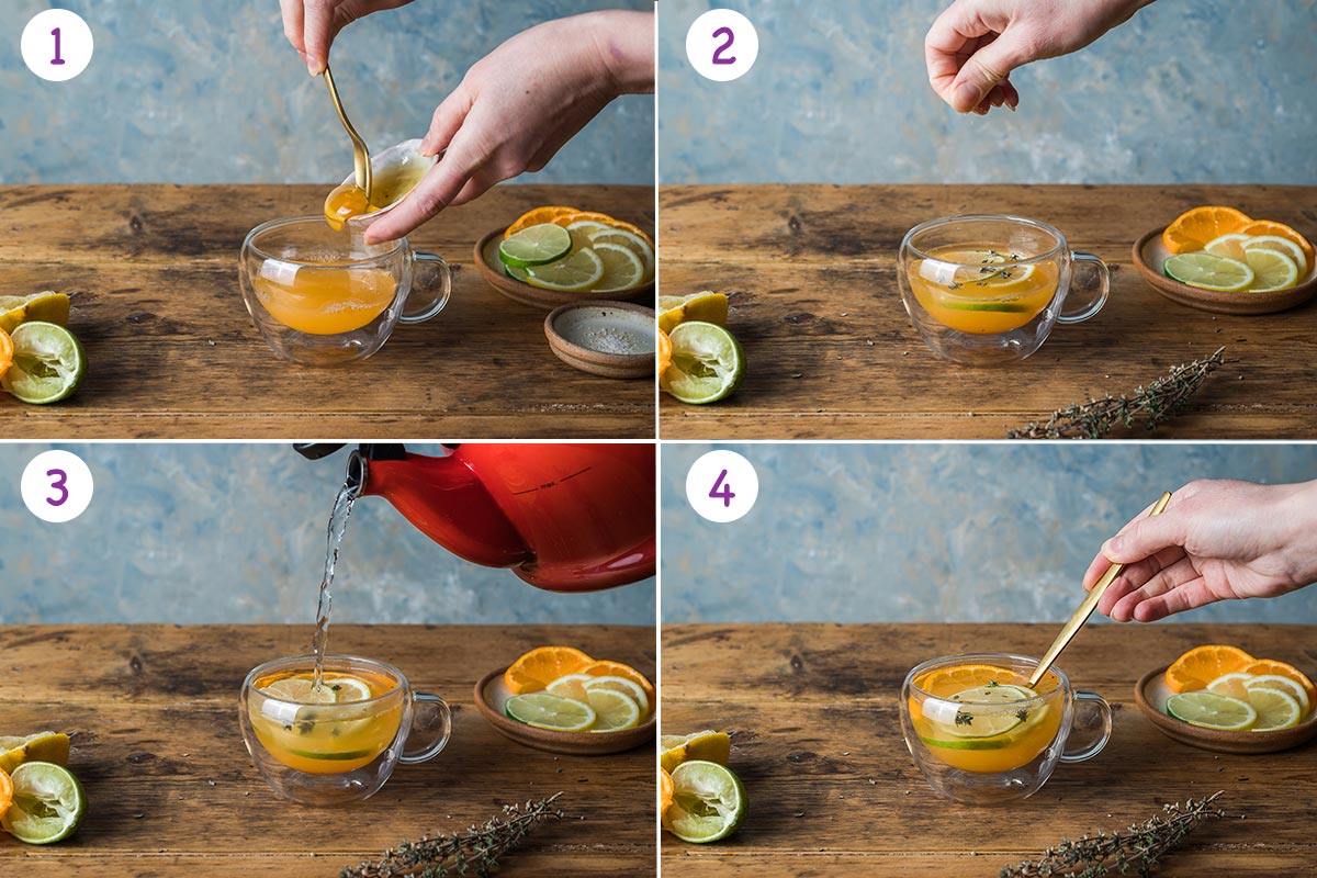 Four images showing how to make Honey tea in stages.