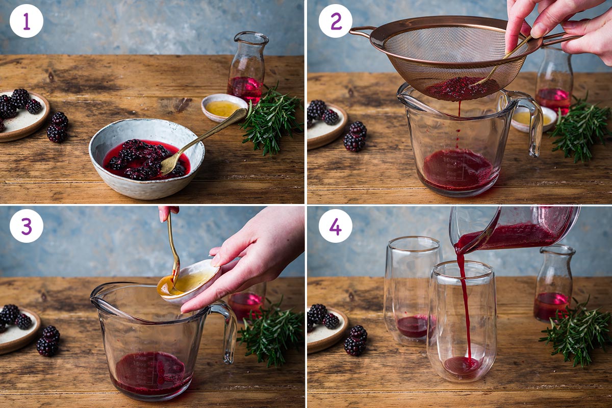 A collage of 4 images showing how to sloe gin hot toddy step by step for instructions 1-4.