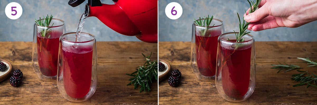 A collage of 2 images showing how to make sloe gin hot toddy step by step for instructions 5 and 6