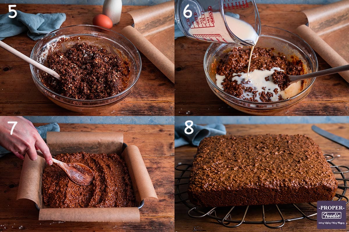 4 images showing step by step instructions. 5. mix wet and dry ingredients, 6, whisk milk and egg and gradually add to cake mix, 7. pour cake mix into tin and smooth evenly, 8. Bake for 1 hour then cool and place on a rack.