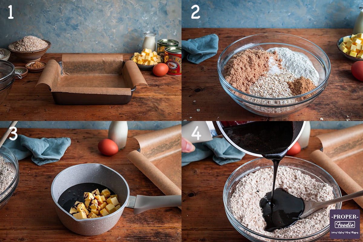 4 images showing step by step instructions. 1. line tin, 2. mix dry ingredients, 3. melt butter, sugar, syrup and treacle in pan, 4. pour melted mix into dry mix