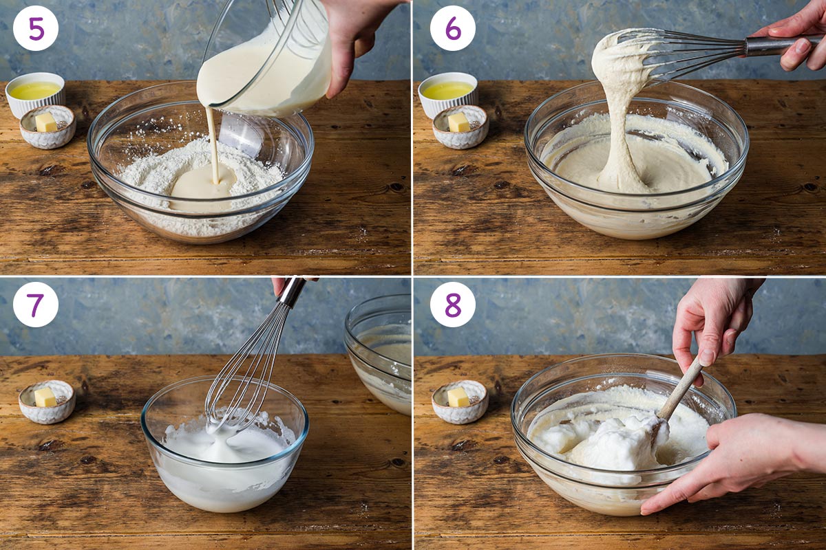 A collage of 4 images showing how to make the pancakes step by step for instructions 5-8.