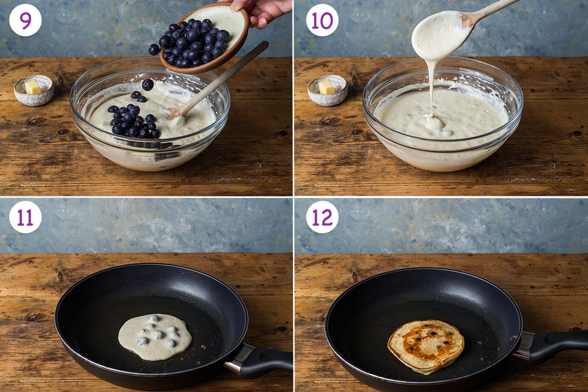 A collage of 4 images showing how to make the pancakes step by step for instructions 9-12.