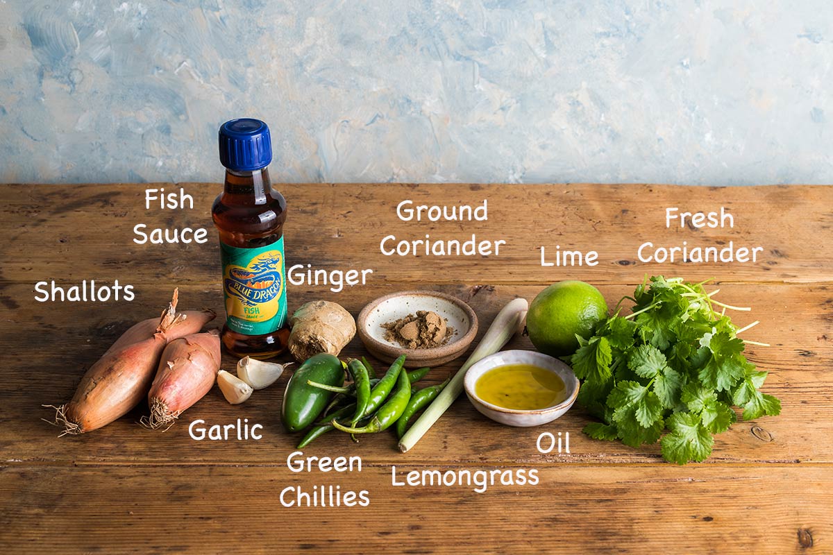 Ingredients needed to make Thai green curry paste.