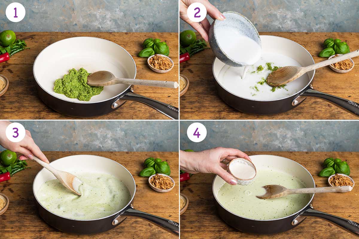 Collage of 4 images showing step by step how to make this this recipe for steps 1-4.