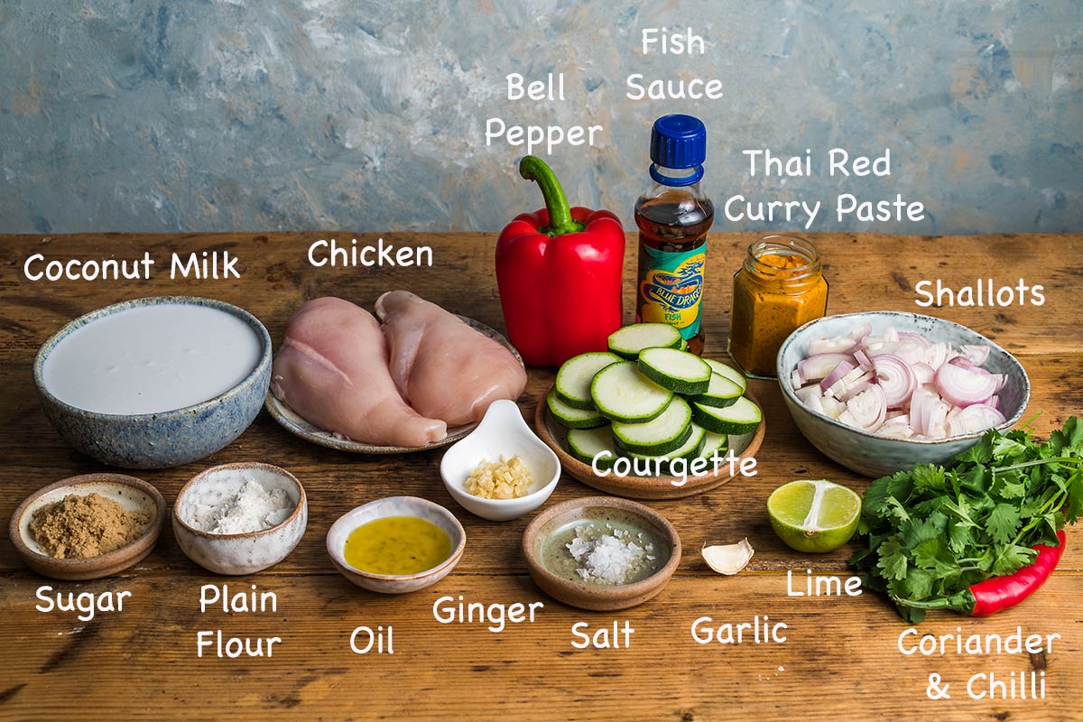 Ingredients needed to make Thai red curry.