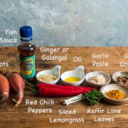 Ingredients needed to make Thai red curry paste.