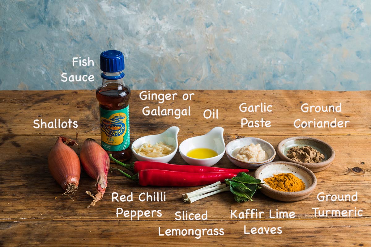 Ingredients needed to make Thai red curry paste.