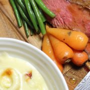 Topside beef roast dinner leeks in cheese sauce