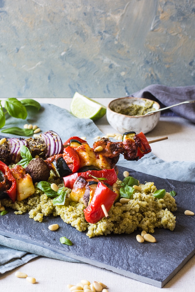 veg and halloumi Barbecue skewers with Very lazy dressing