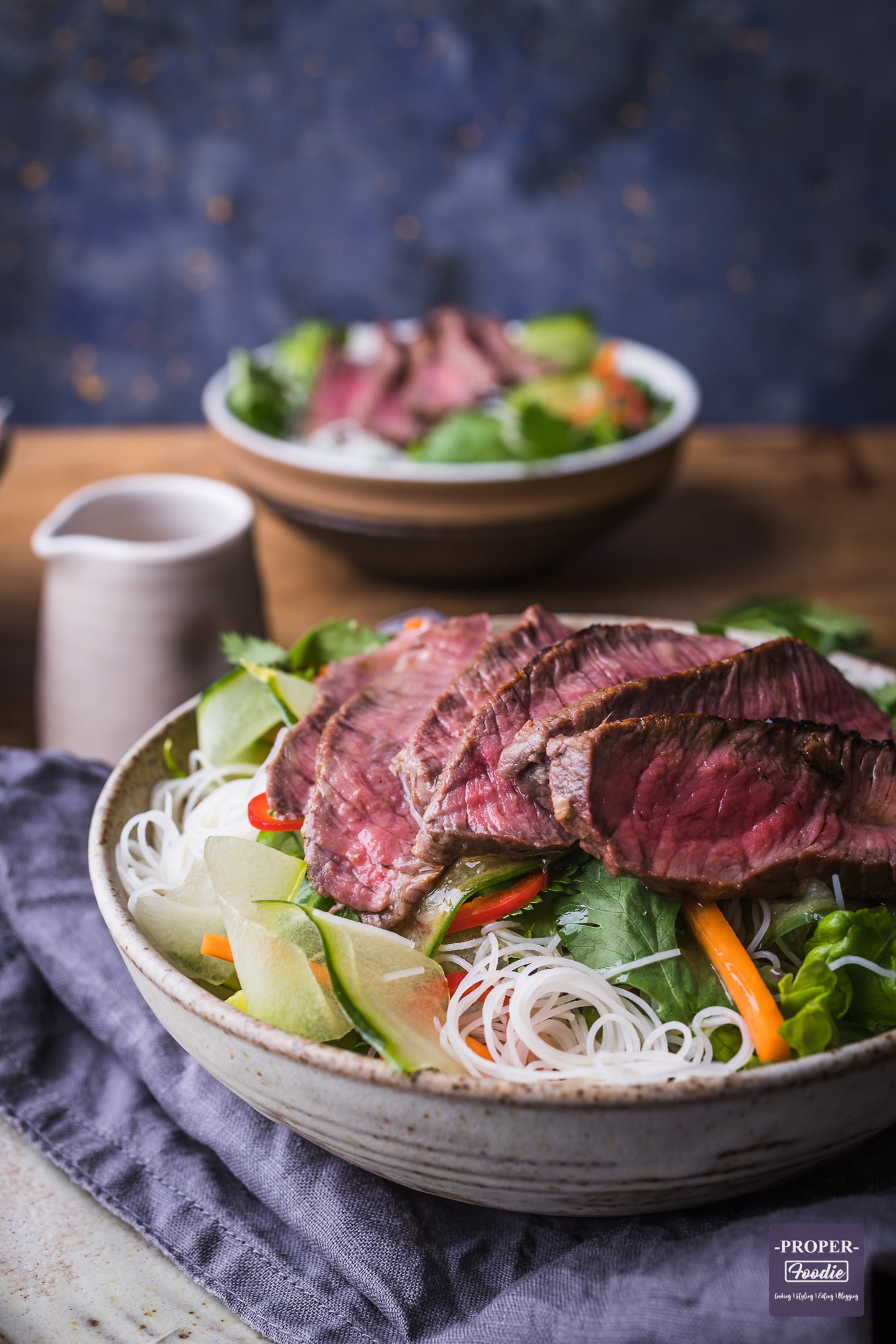 beef rice noodle salad served in a bowl