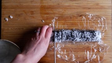 wet knife and slice through the cling film and into 8 california rolls