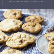 Easy and quick soft bake chocolate chip cookies, with a crumbly outer edge and dotted with melted chunks of Cadburys dairy milk chocolate